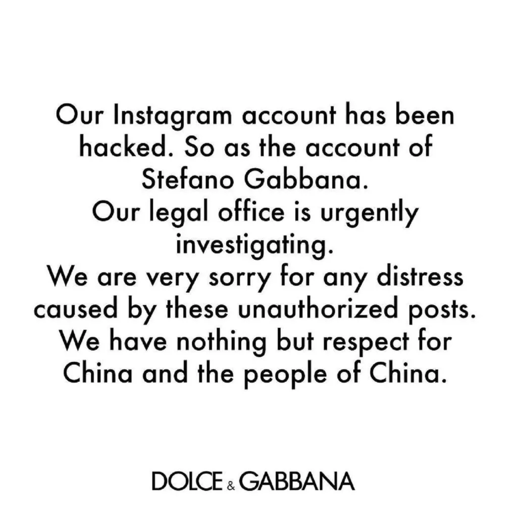 Dolce & Gabbana China Instagram comment